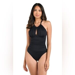 La Blanca Island Goddess One Piece High Neck Key hole Modest Black US 10